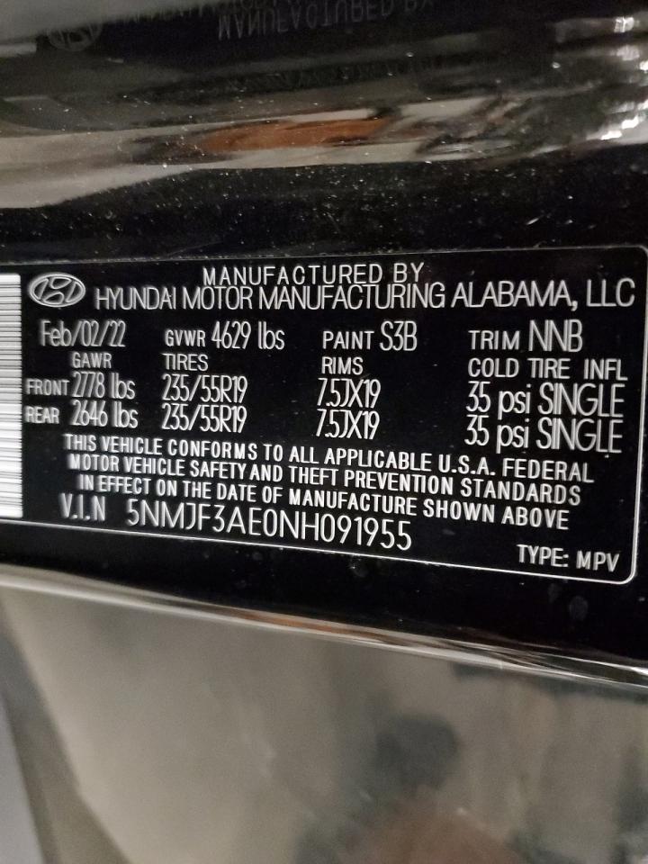 2022 HYUNDAI TUCSON SEL VIN:5NMJF3AE0NH091955