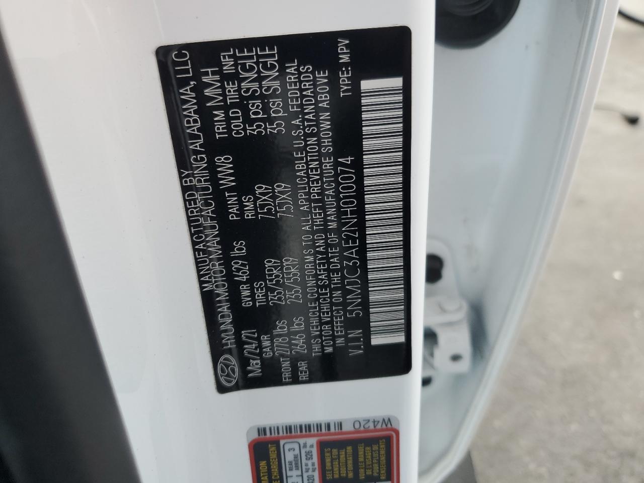 2022 HYUNDAI TUCSON SEL VIN:5NMJC3AE2NH010074