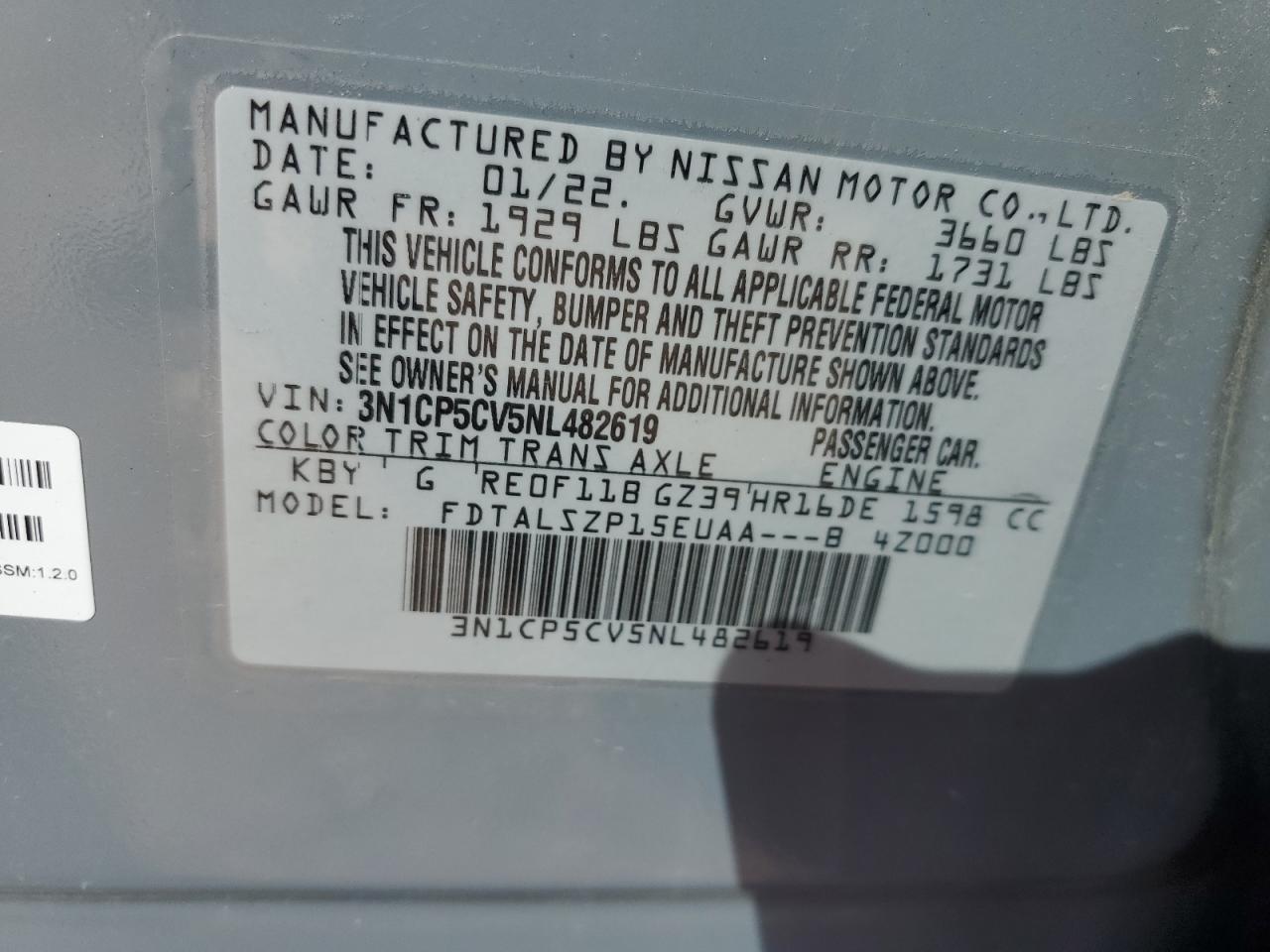 2022 NISSAN KICKS SV VIN:3N1CP5CV5NL482619