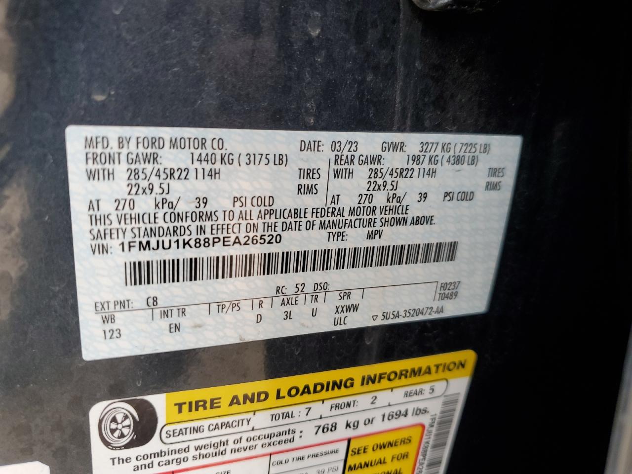 2023 FORD EXPEDITION LIMITED VIN:1FMJU1K88PEA26520