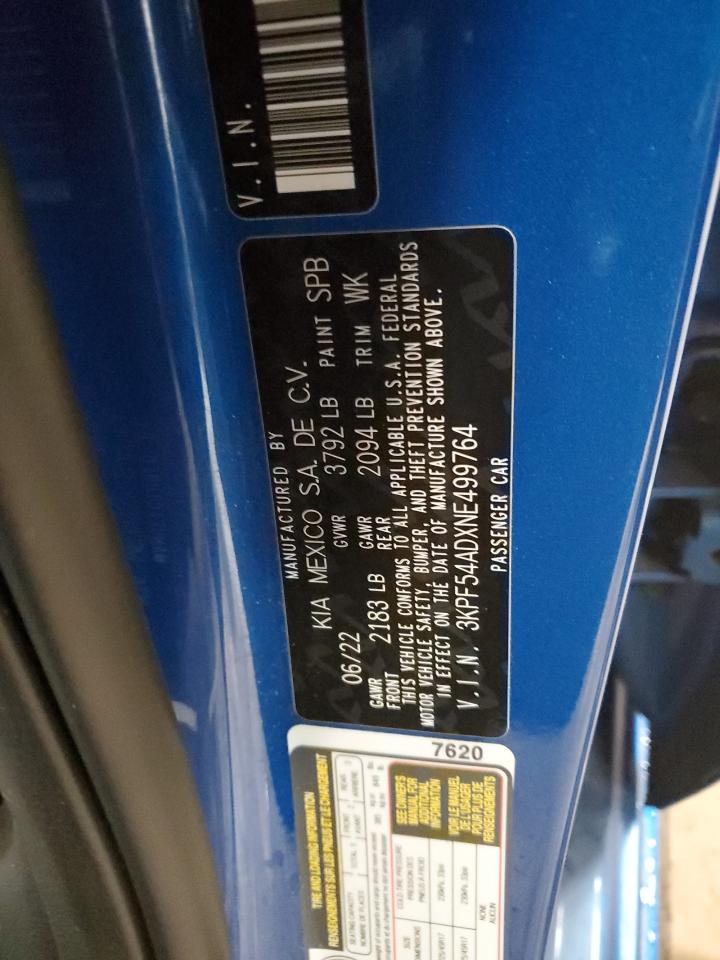 2022 KIA FORTE GT LINE VIN:3KPF54ADXNE499764
