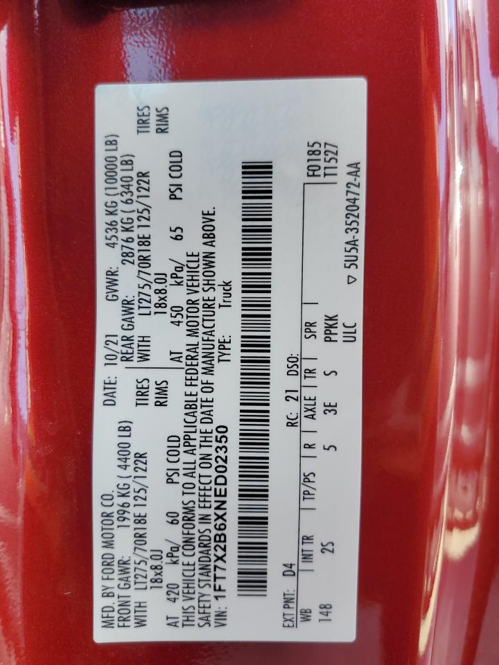 2022 FORD F250 SUPER DUTY VIN:1FT7X2B6XNED02350