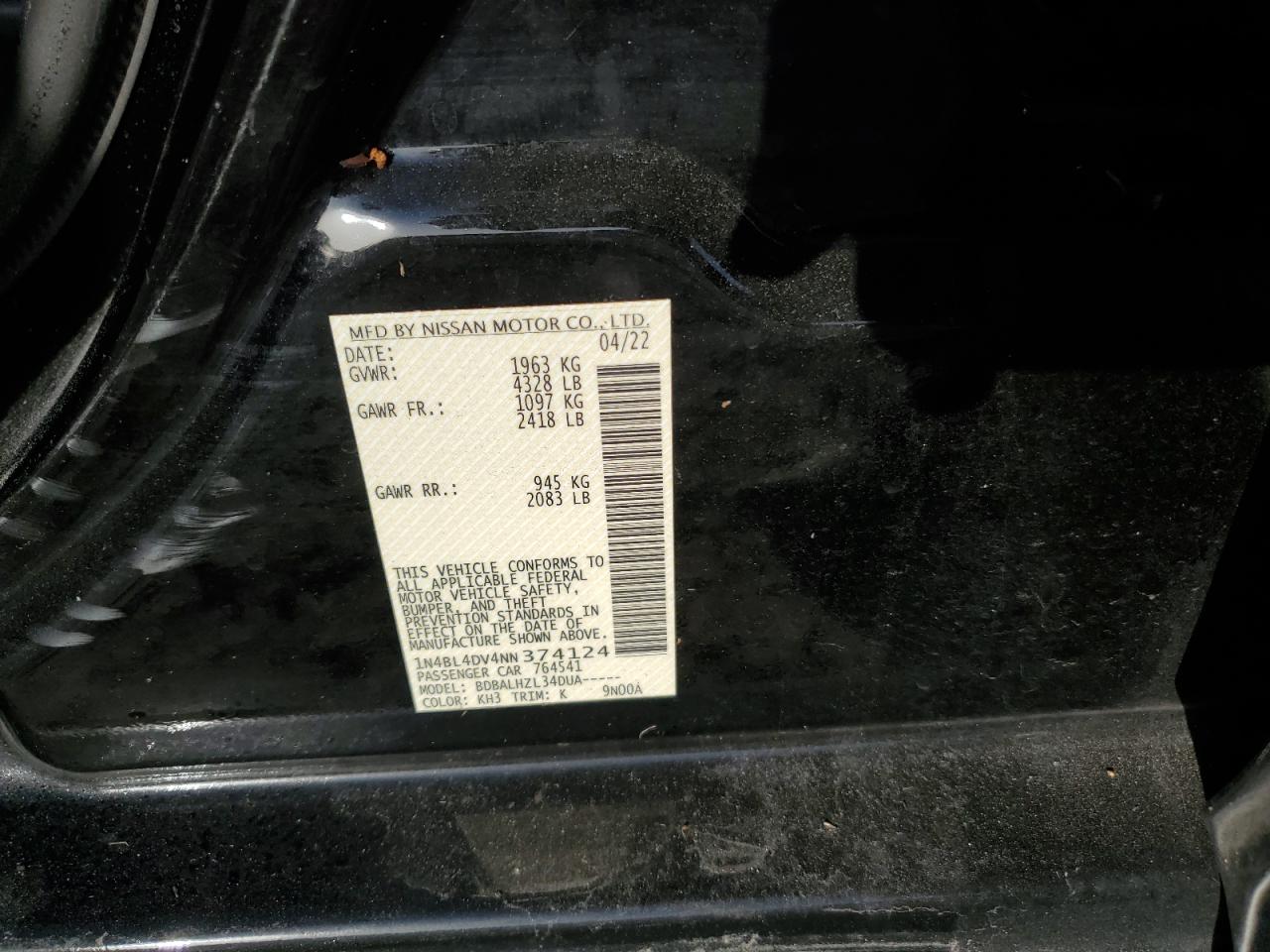 2022 NISSAN ALTIMA SV VIN:1N4BL4DV4NN374124