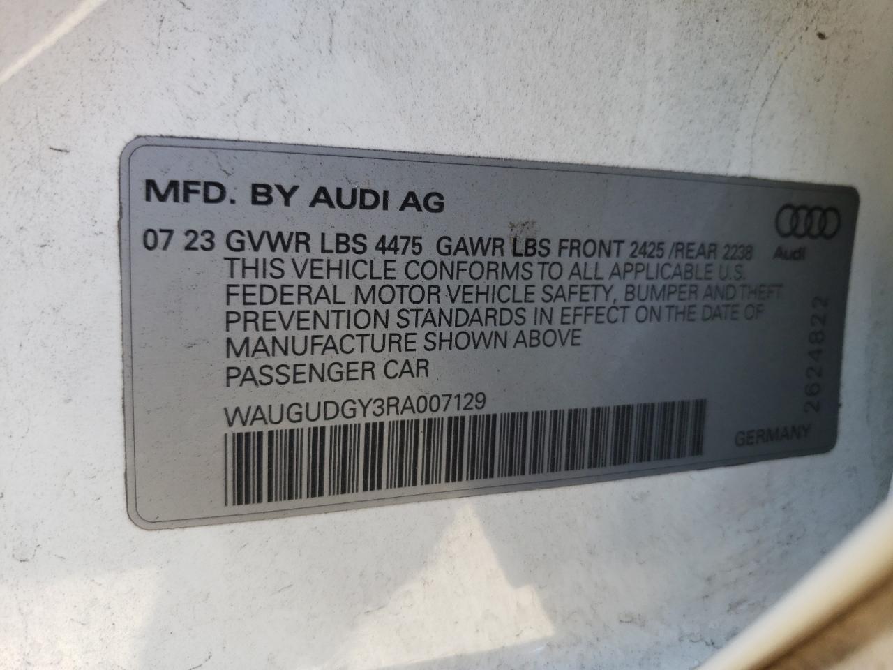 2024 AUDI A3 PREMIUM VIN:WAUGUDGY3RA007129