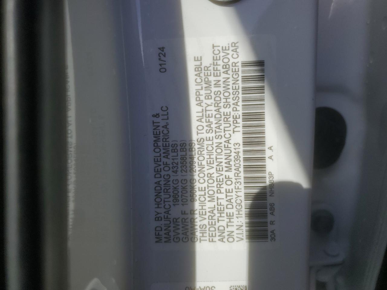 2024 HONDA ACCORD EX VIN:1HGCY1F31RA039413