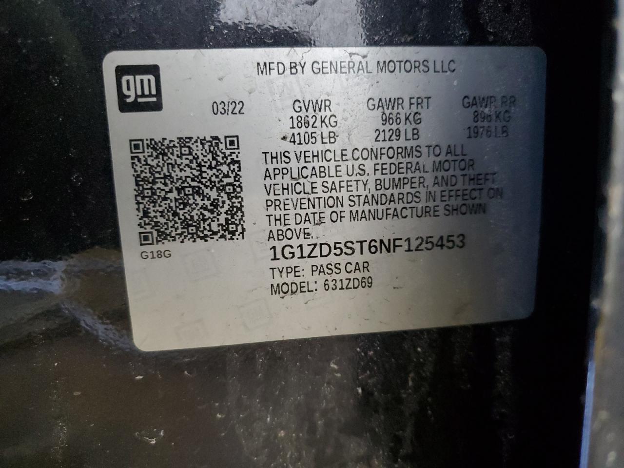 2022 CHEVROLET MALIBU LT VIN:1G1ZD5ST6NF125453