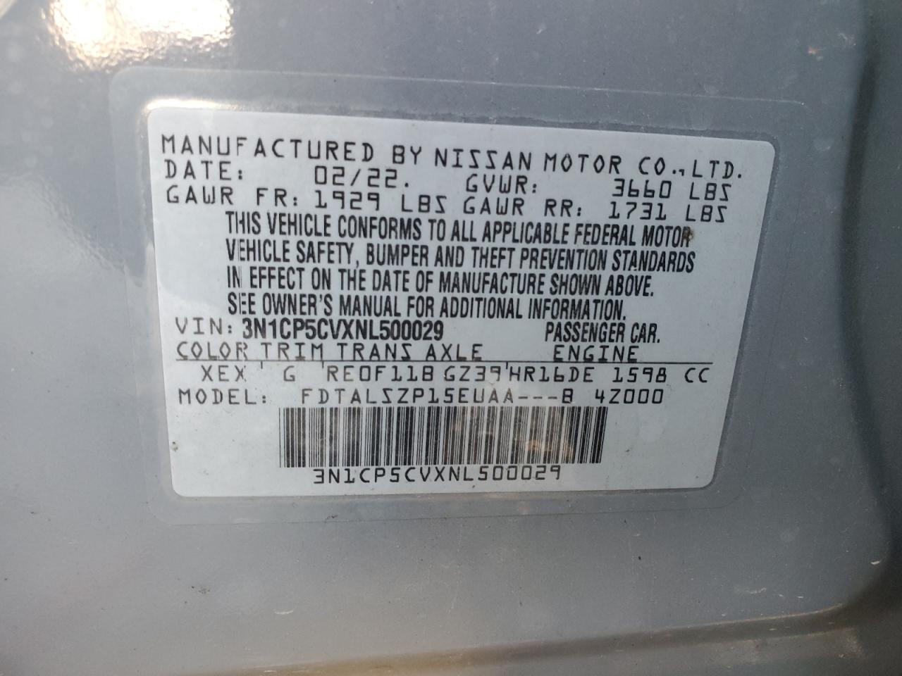2022 NISSAN KICKS SV VIN:3N1CP5CVXNL500029
