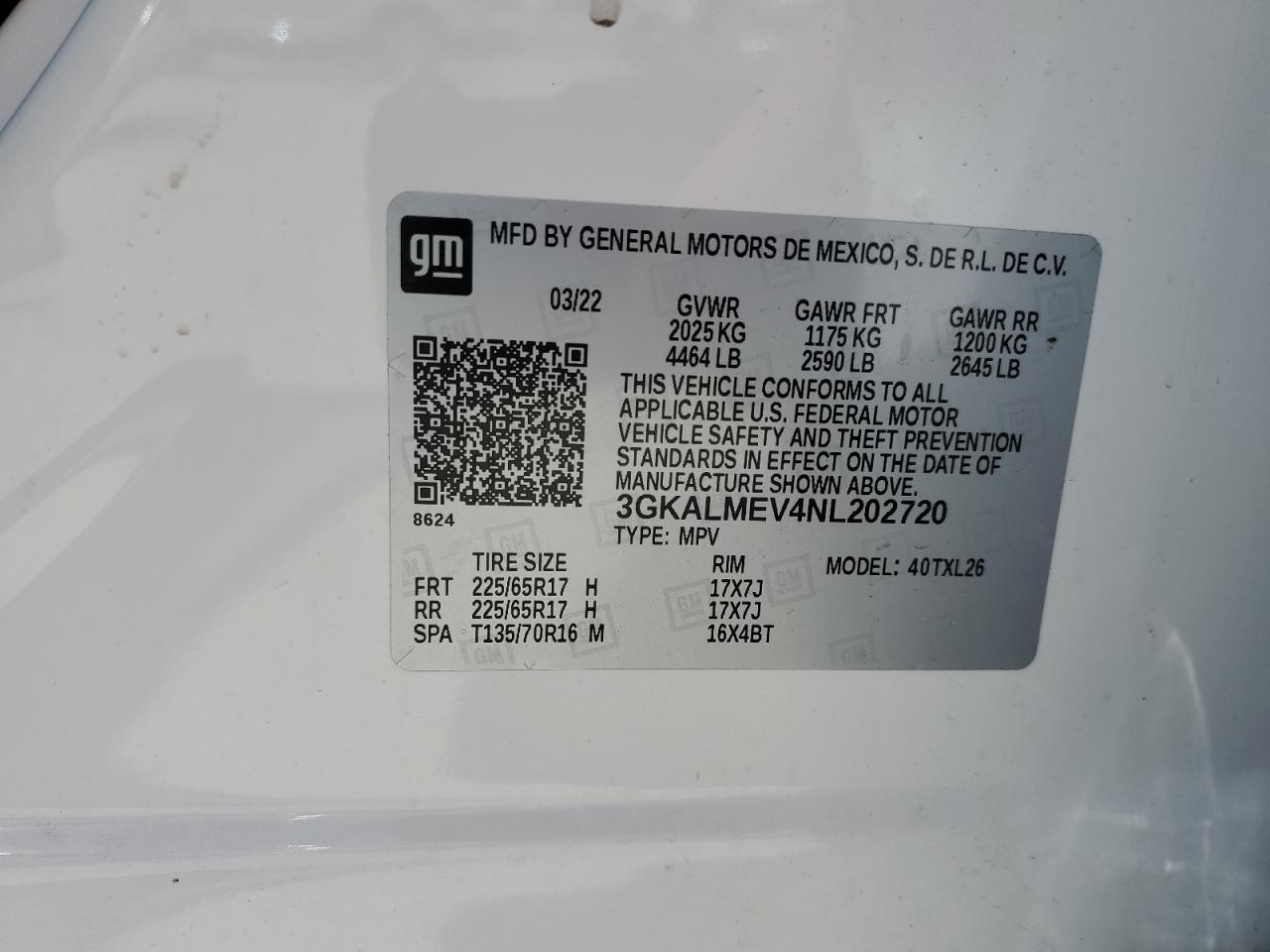 2022 GMC TERRAIN SLE VIN:3GKALMEV4NL202720