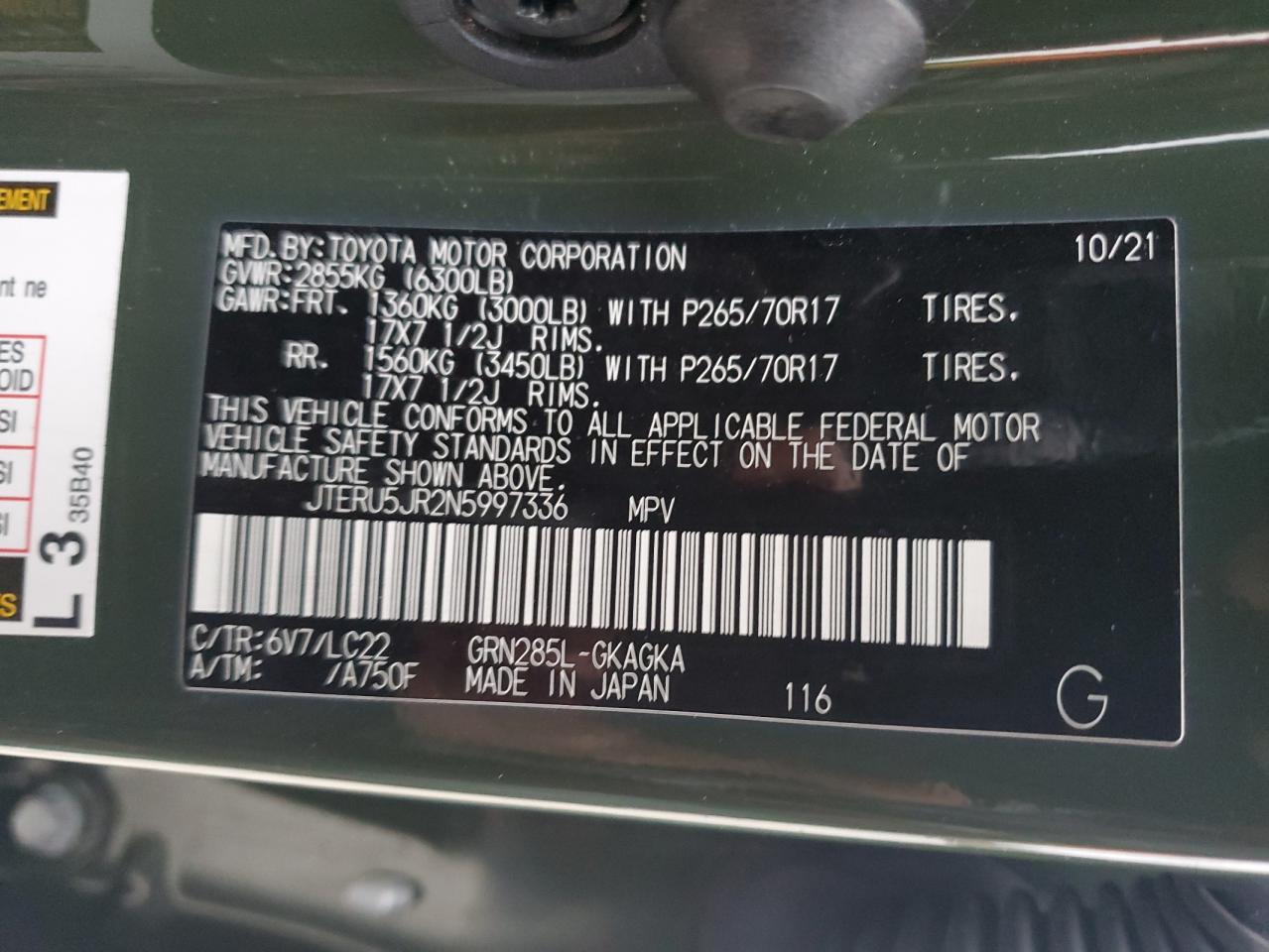 2022 TOYOTA 4RUNNER SR5 PREMIUM VIN:JTERU5JR2N5997336