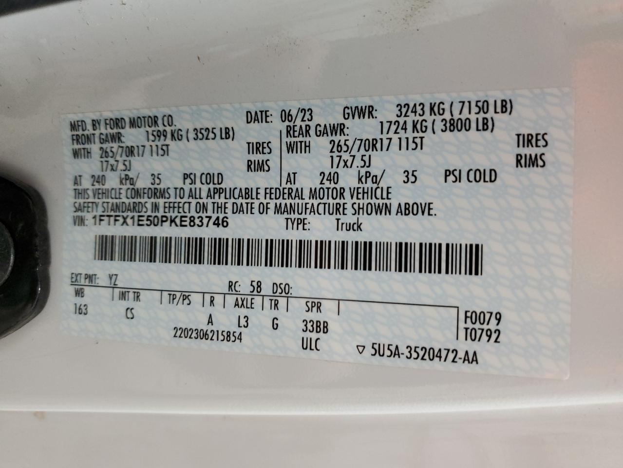 2023 FORD F150 SUPER CAB VIN:1FTFX1E50PKE83746