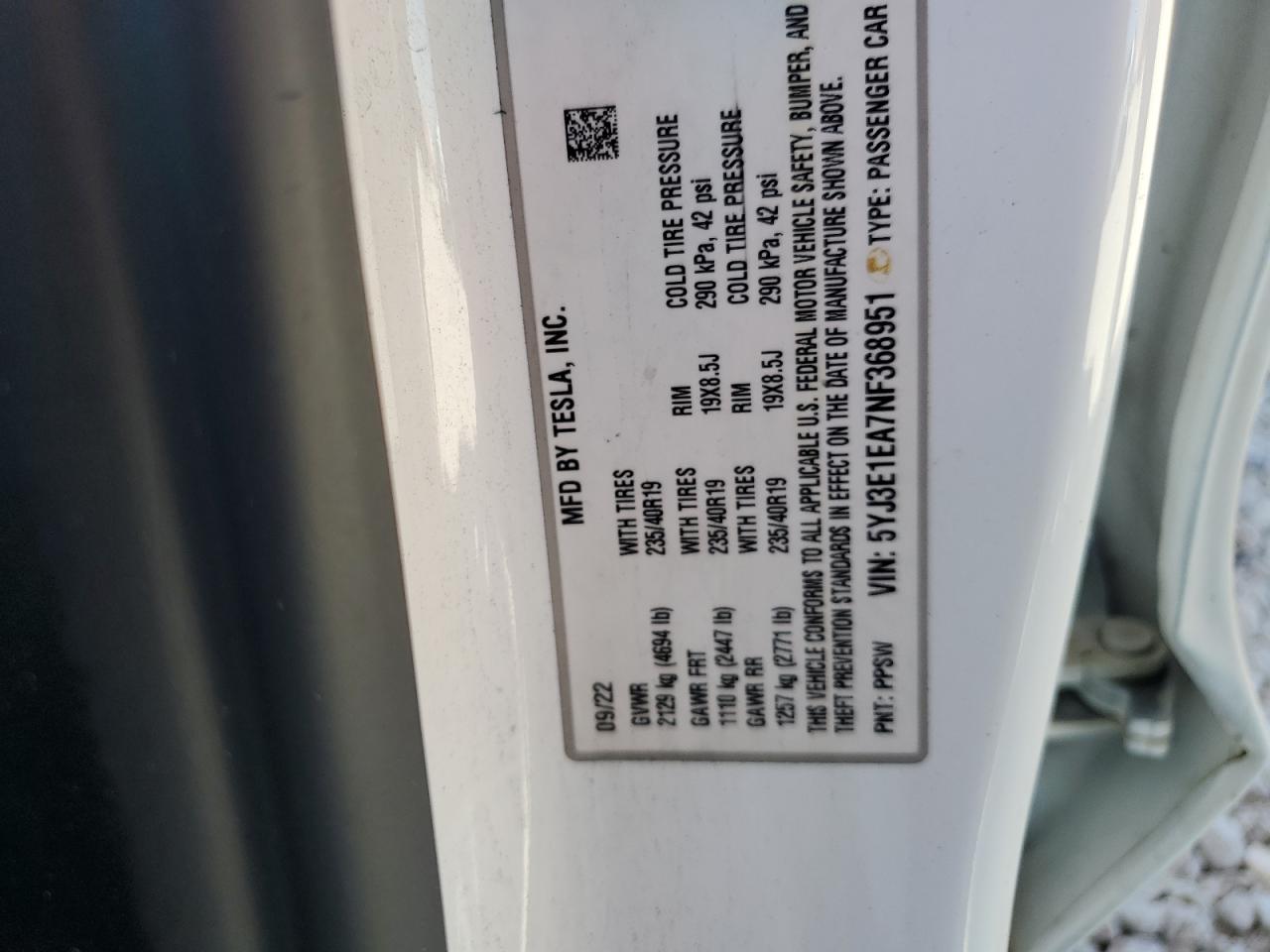 2022 TESLA MODEL 3  VIN:5YJ3E1EA7NF368951