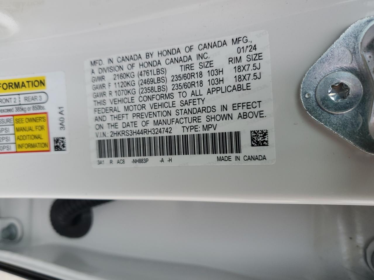 2024 HONDA CR-V EX VIN:2HKRS3H44RH324742