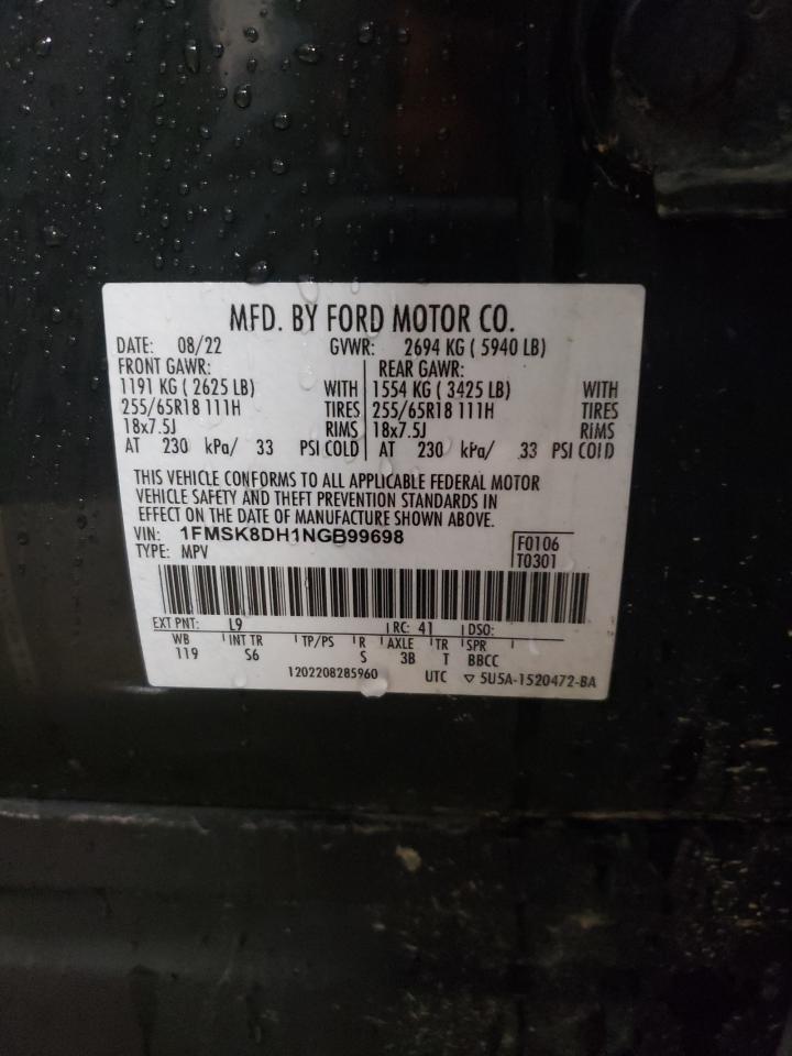 2022 FORD EXPLORER XLT VIN:1FMSK8DH1NGB99698