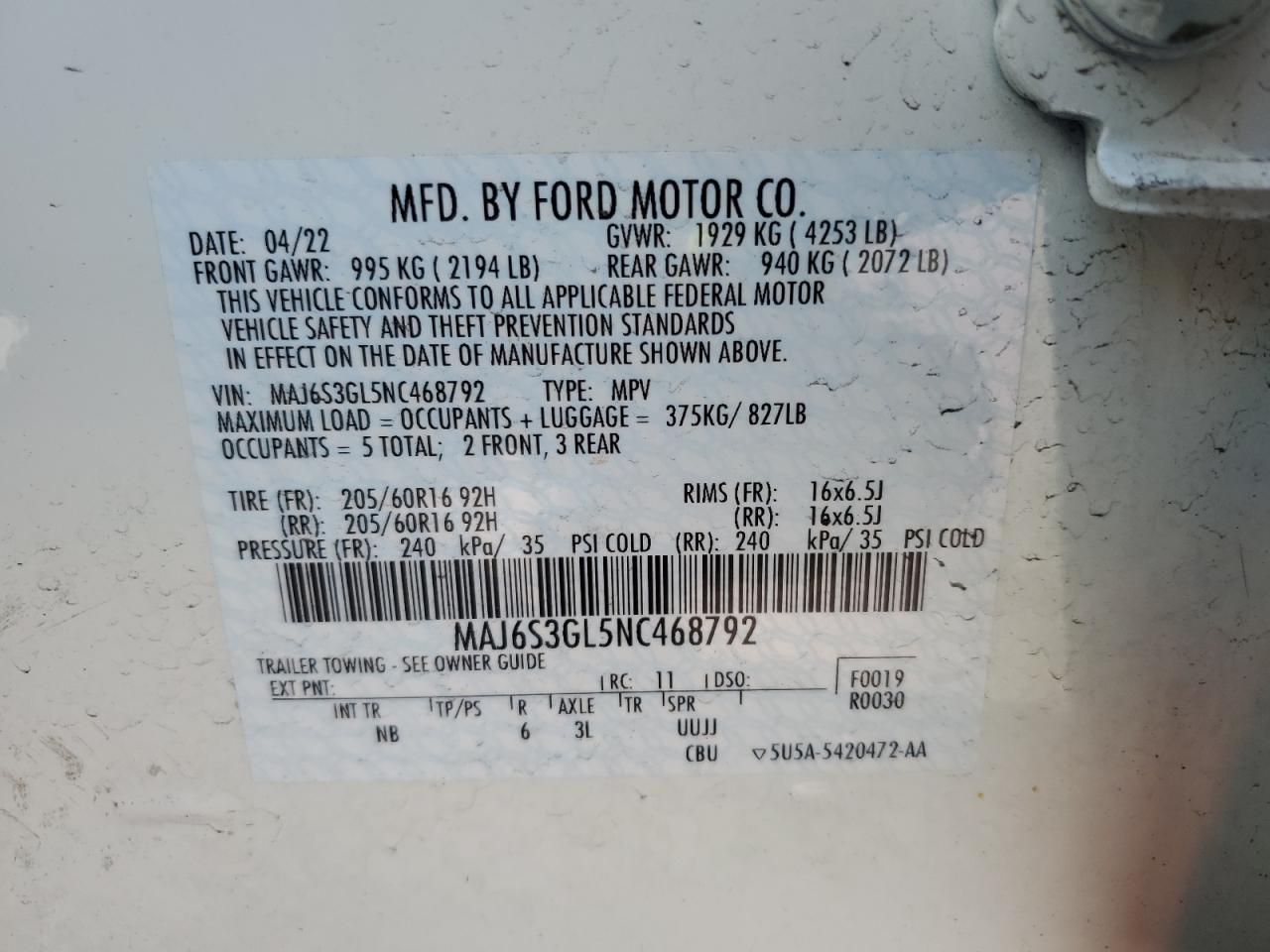 2022 FORD ECOSPORT SE VIN:MAJ6S3GL5NC468792