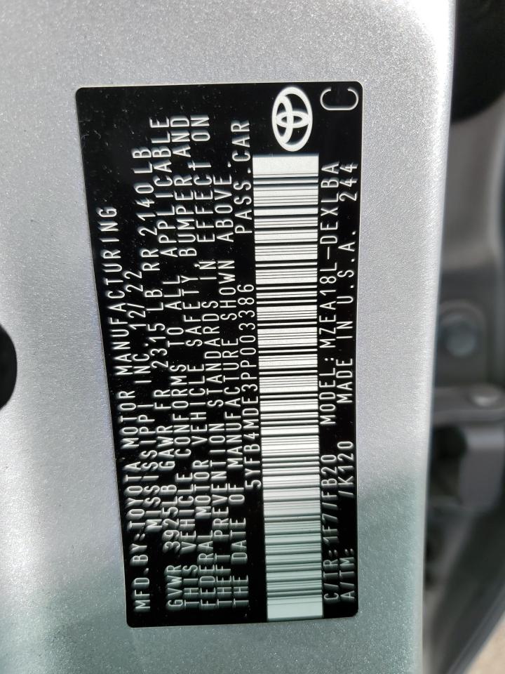 2023 TOYOTA COROLLA LE VIN:5YFB4MDE3PP003386