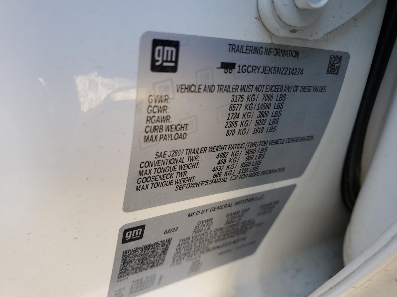 2022 CHEVROLET SILVERADO LTD K1500 LT-L VIN:1GCRYJEK5NZ214274