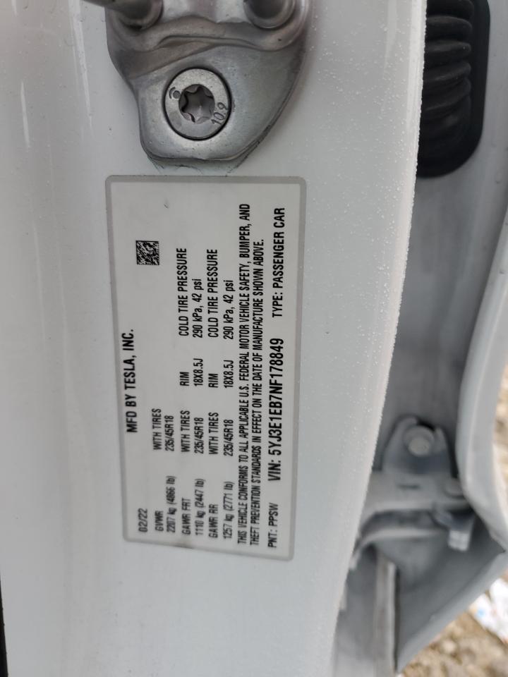 2022 TESLA MODEL 3  VIN:5YJ3E1EB7NF178849