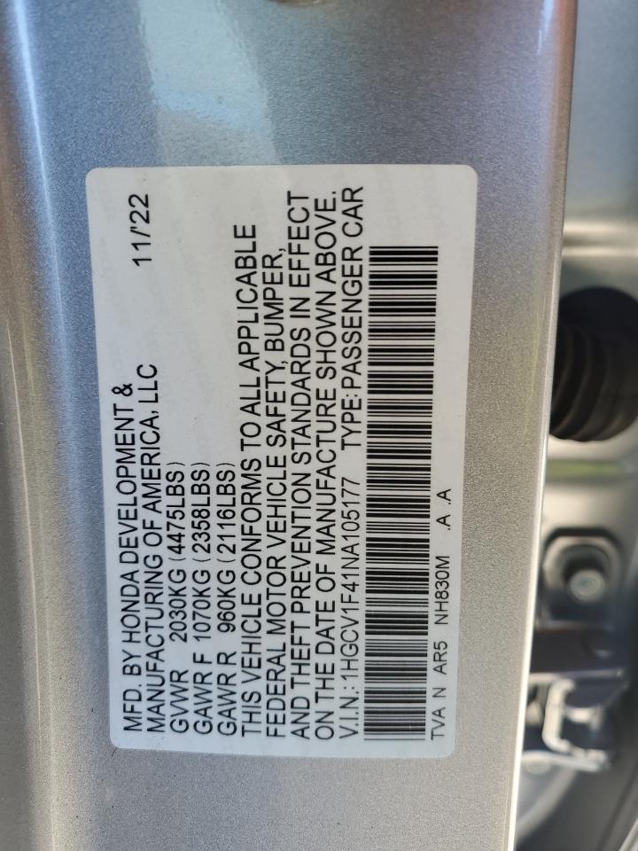 2022 HONDA ACCORD SPORT SE VIN:1HGCV1F41NA105177