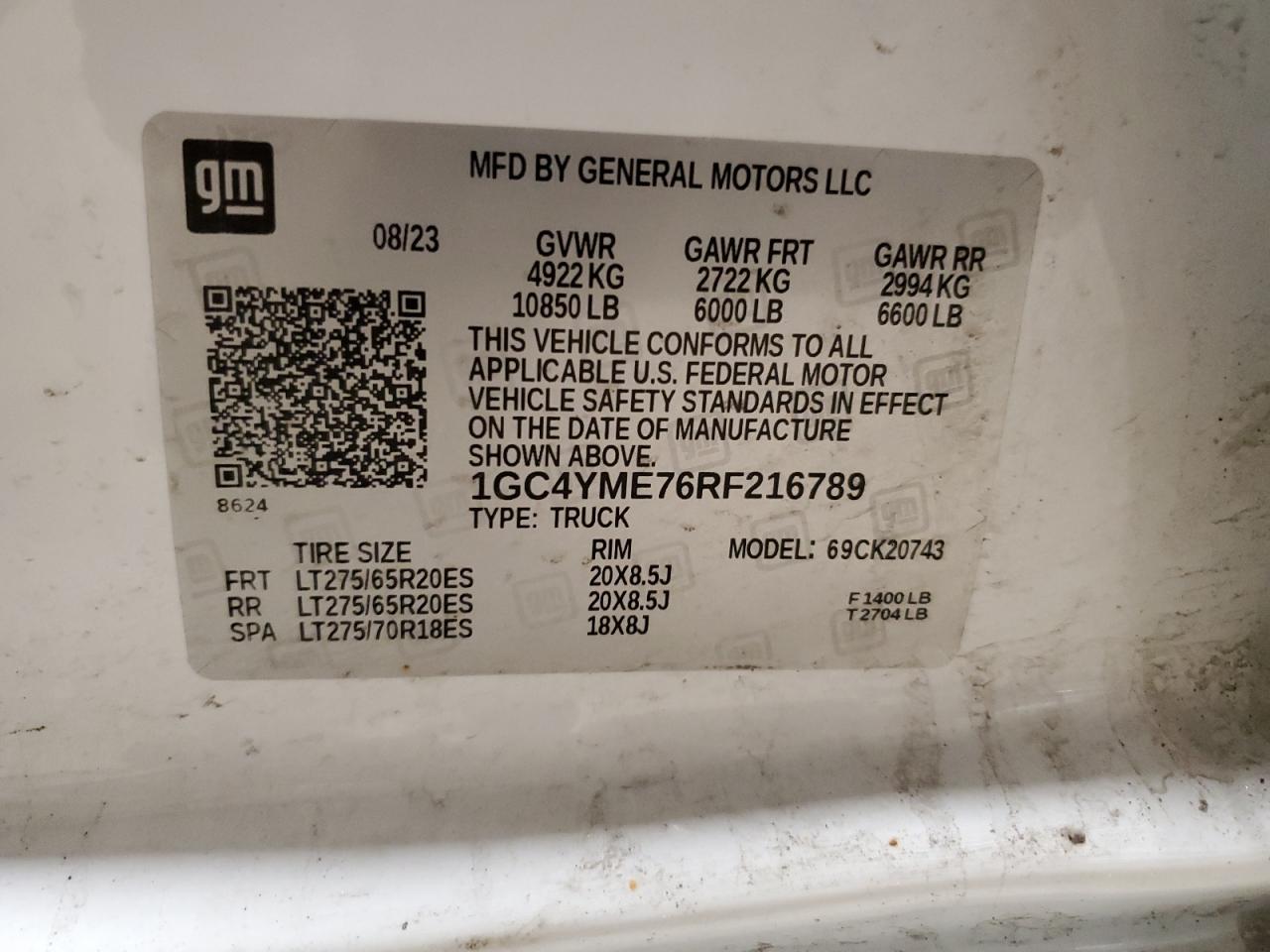 2024 CHEVROLET SILVERADO K2500 CUSTOM VIN:1GC4YME76RF216789