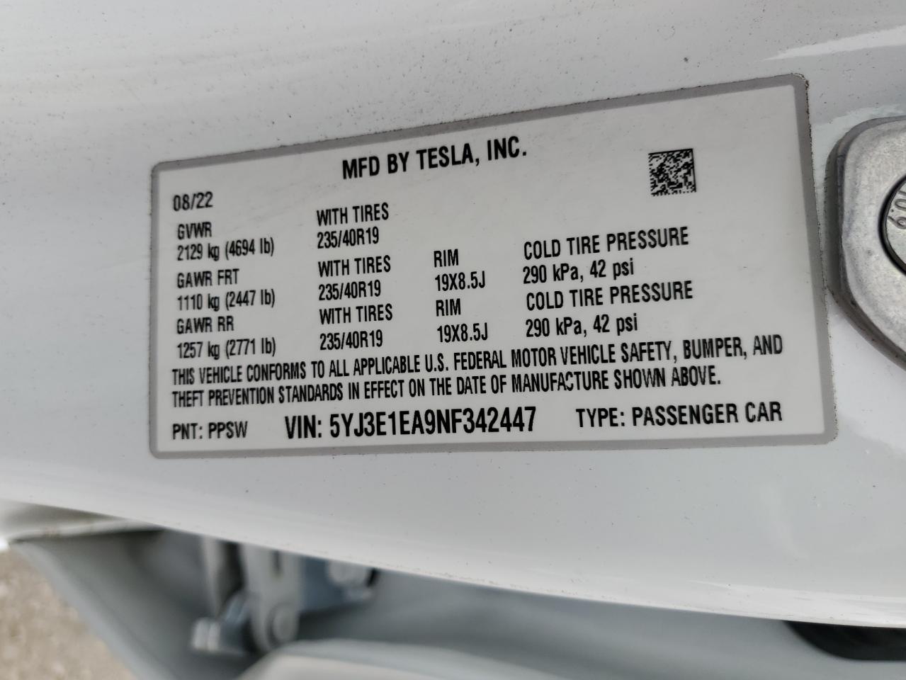 2022 TESLA MODEL 3  VIN:5YJ3E1EA9NF342447