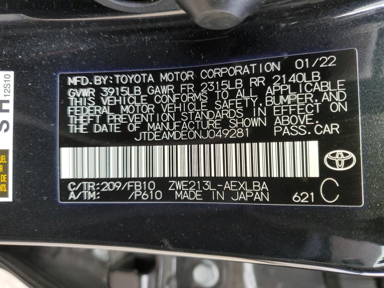 2022 TOYOTA COROLLA LE VIN:JTDEAMDE0NJ049281