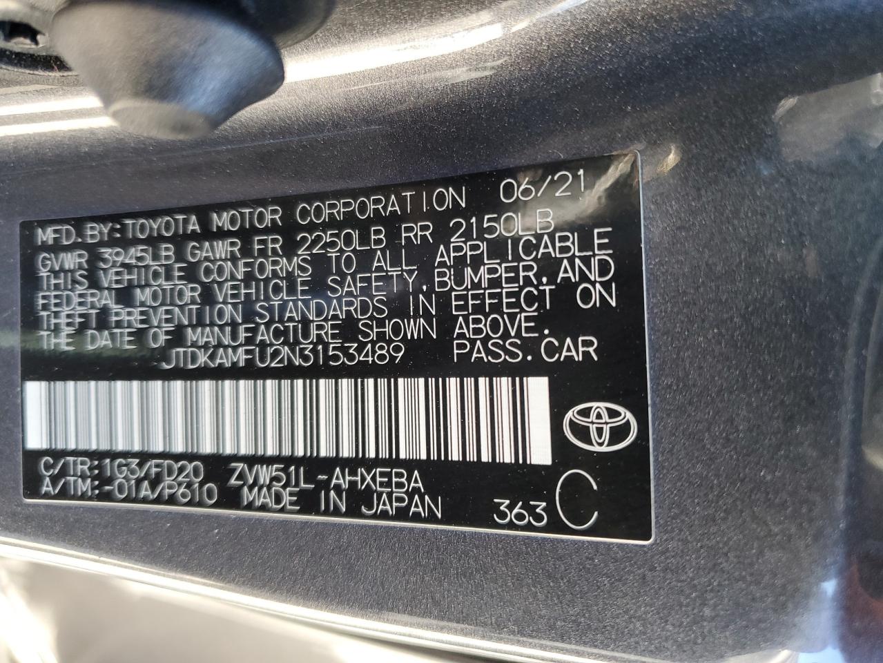 2022 TOYOTA PRIUS NIGHT SHADE VIN:JTDKAMFU2N3153489