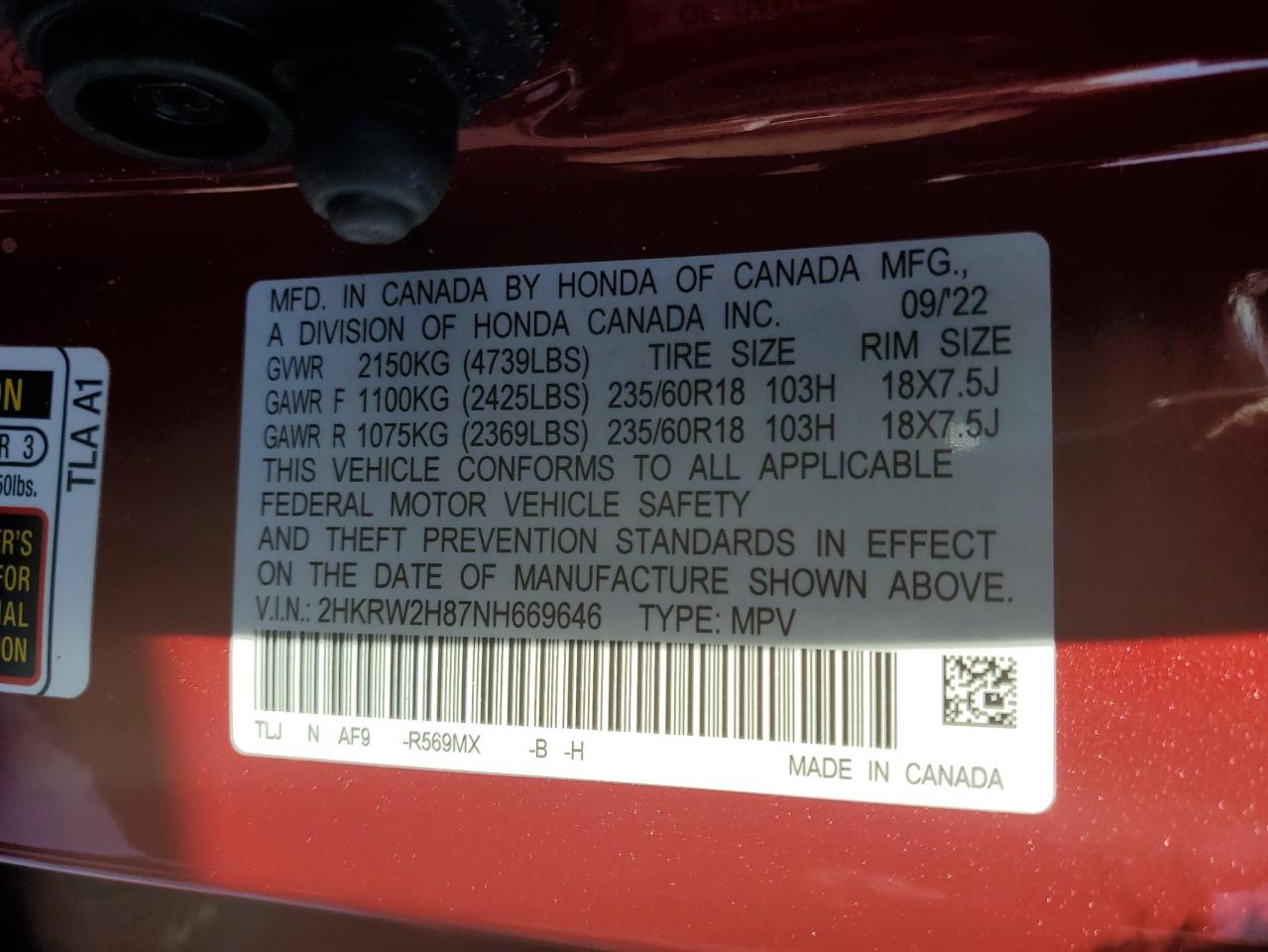 2022 HONDA CR-V EXL VIN:2HKRW2H87NH669646