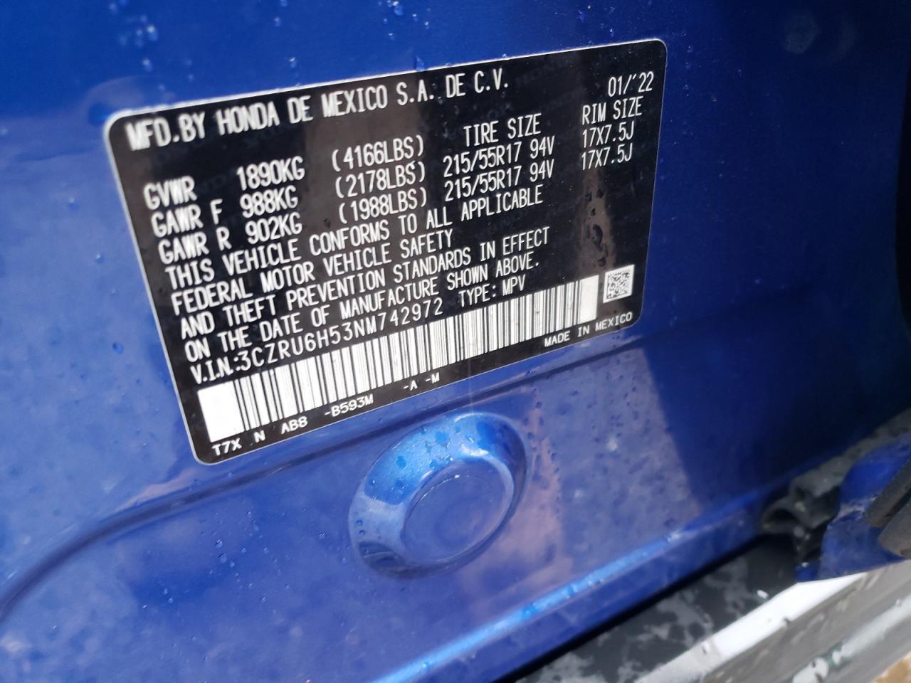 2022 HONDA HR-V EX VIN:3CZRU6H53NM742972