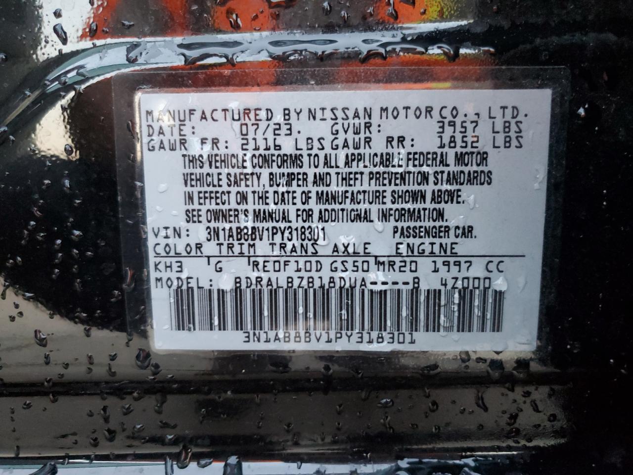 2023 NISSAN SENTRA S VIN:3N1AB8BV1PY318301
