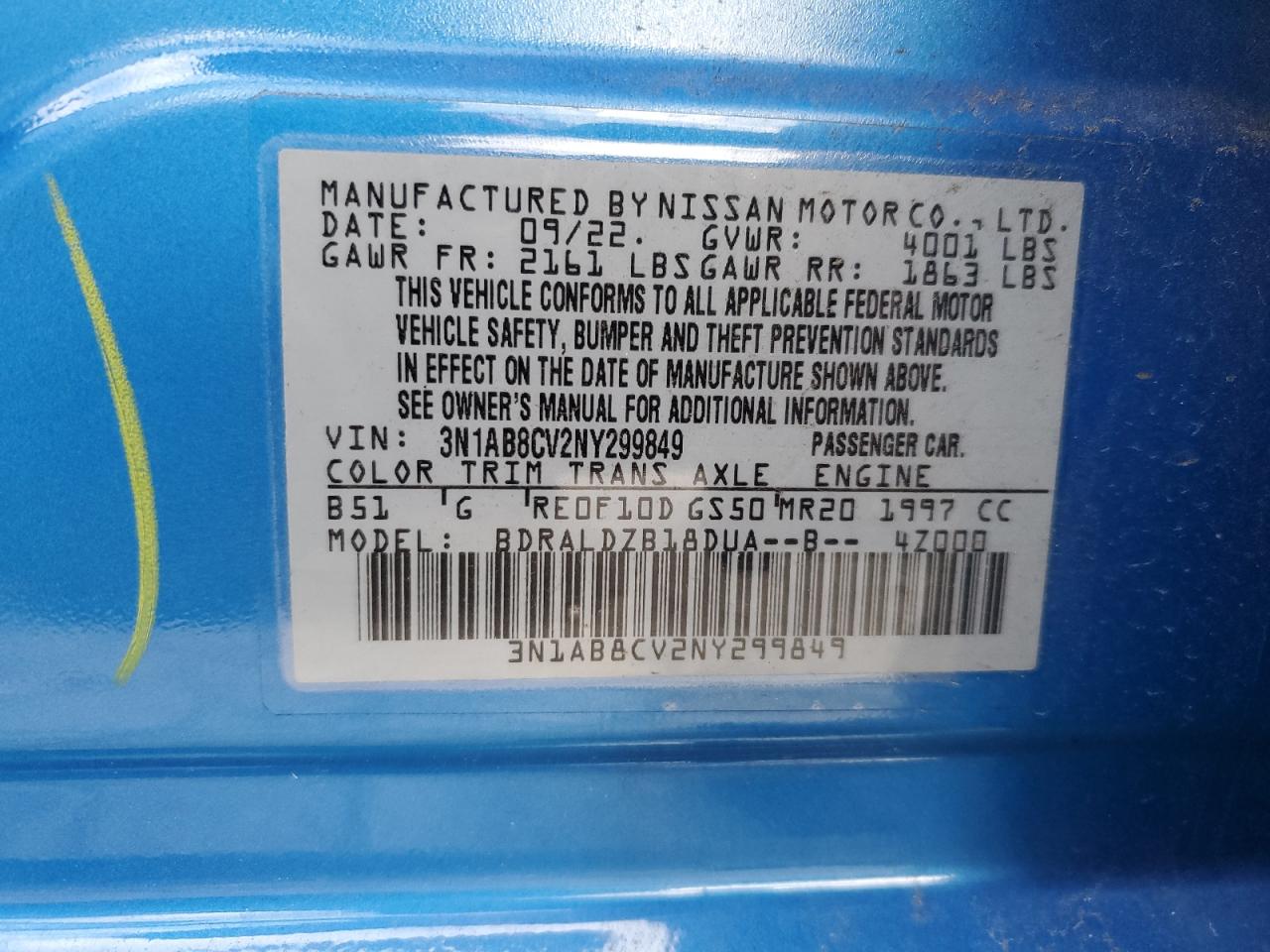 2022 NISSAN SENTRA SV VIN:3N1AB8CV2NY299849