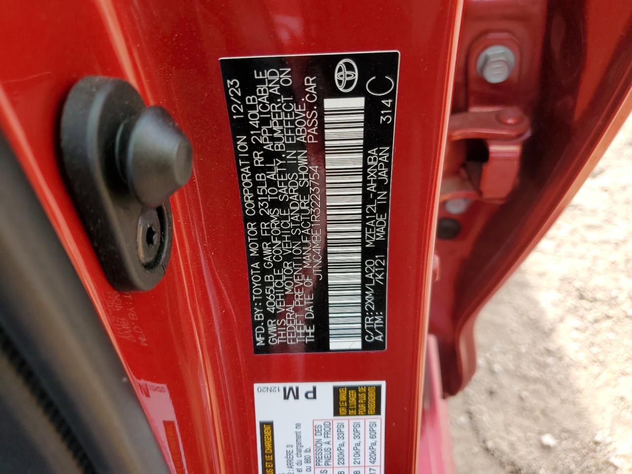 2024 TOYOTA COROLLA XSE VIN:JTNC4MBE1R3223754