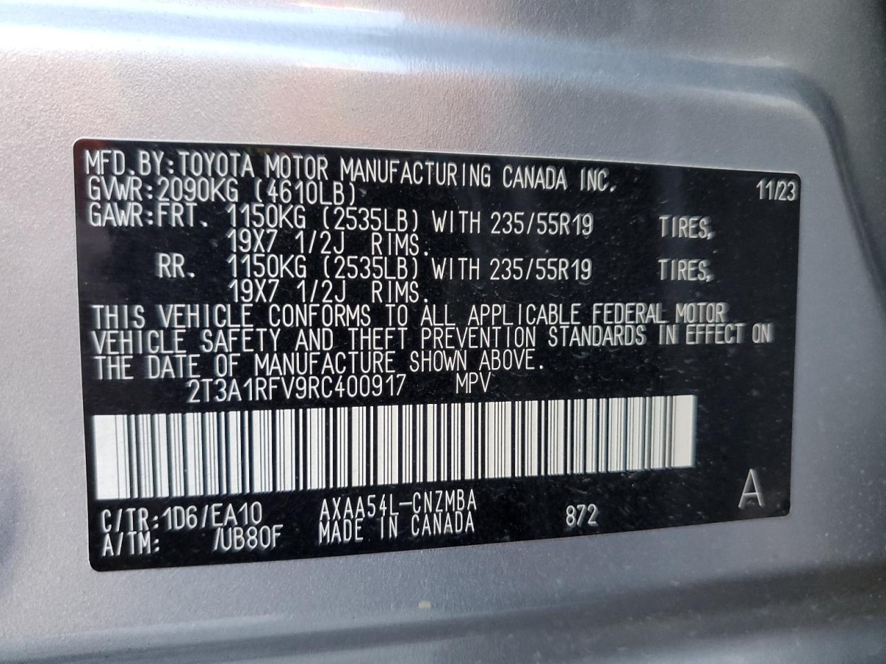 2024 TOYOTA RAV4 XLE PREMIUM VIN:2T3A1RFV9RC400917