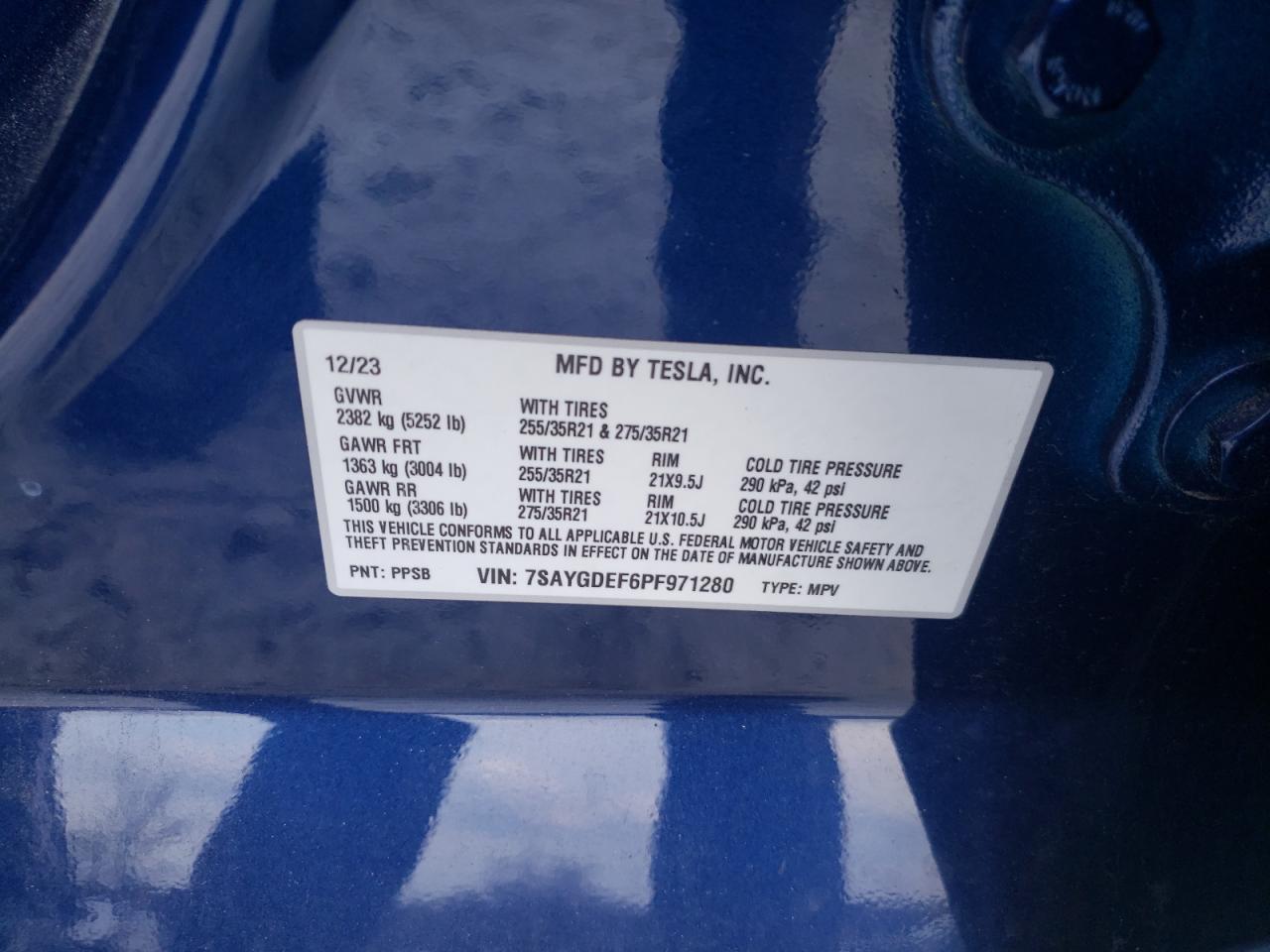 2023 TESLA MODEL Y  VIN:7SAYGDEF6PF971280