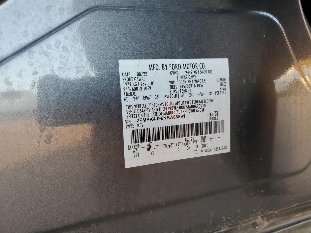 2022 FORD EDGE SEL VIN:2FMPK4J96NBA88891