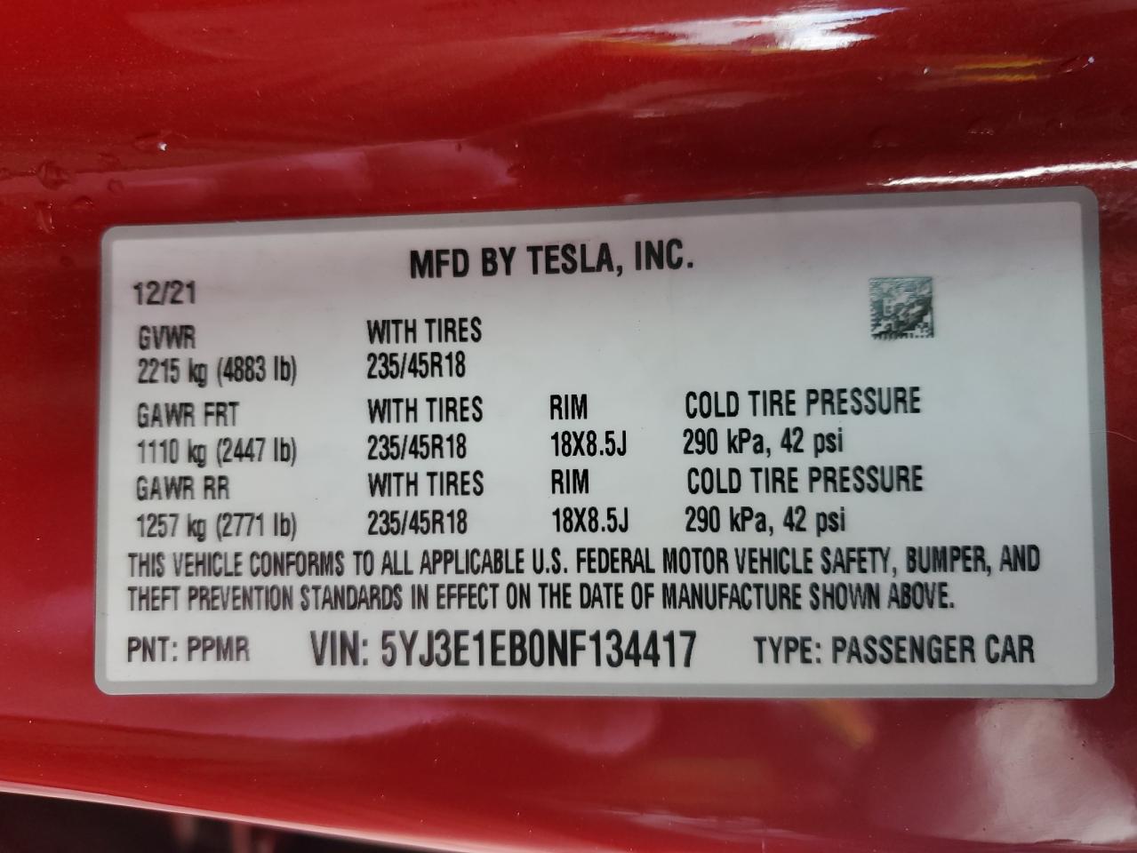 2022 TESLA MODEL 3  VIN:5YJ3E1EB0NF134417