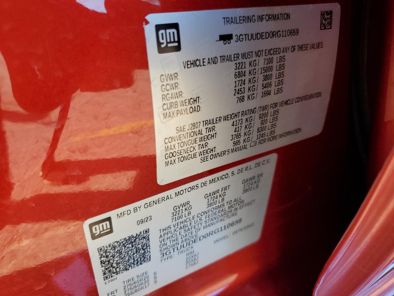 2024 GMC SIERRA K1500 SLT VIN:3GTUUDED0RG110659