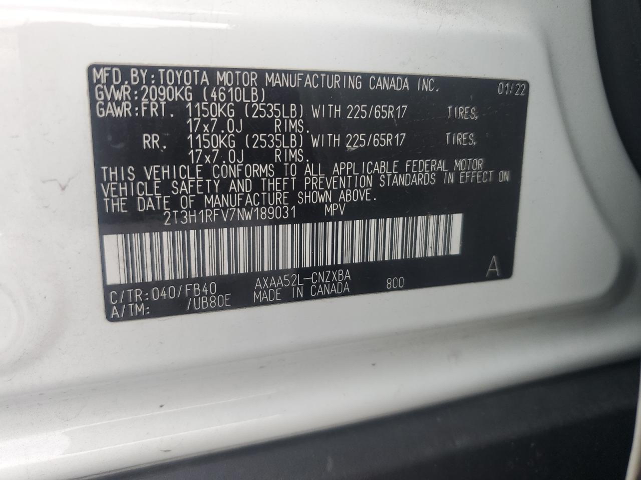 2022 TOYOTA RAV4 LE VIN:2T3H1RFV7NW189031