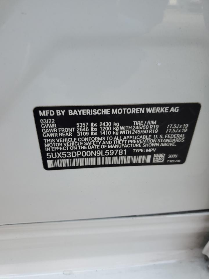 2022 BMW X3 XDRIVE30I VIN:5UX53DP00N9L59781