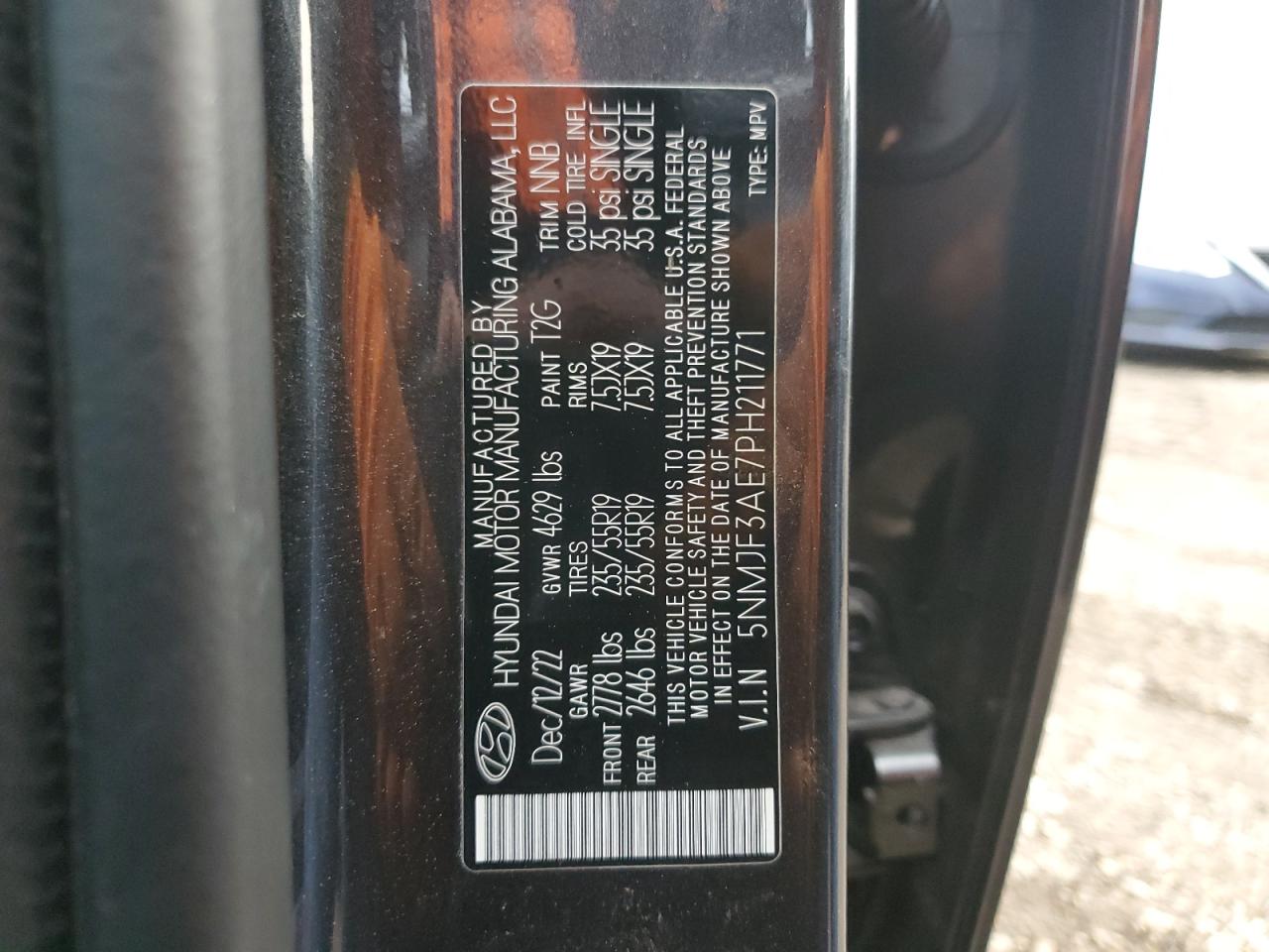 2023 HYUNDAI TUCSON SEL VIN:5NMJF3AE7PH211771