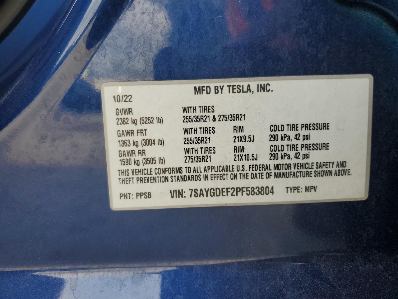 2023 TESLA MODEL Y  VIN:7SAYGDEF2PF583804