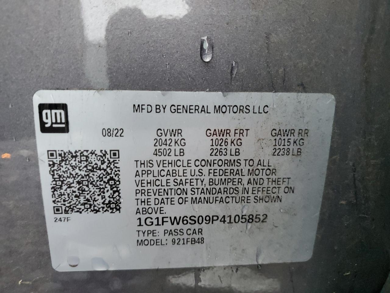 2023 CHEVROLET BOLT EV 1LT VIN:1G1FW6S09P4105852