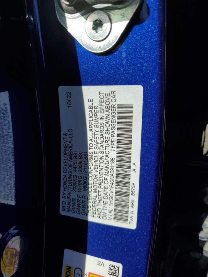 2022 HONDA ACCORD SPORT SE VIN:1HGCV1F40NA091188