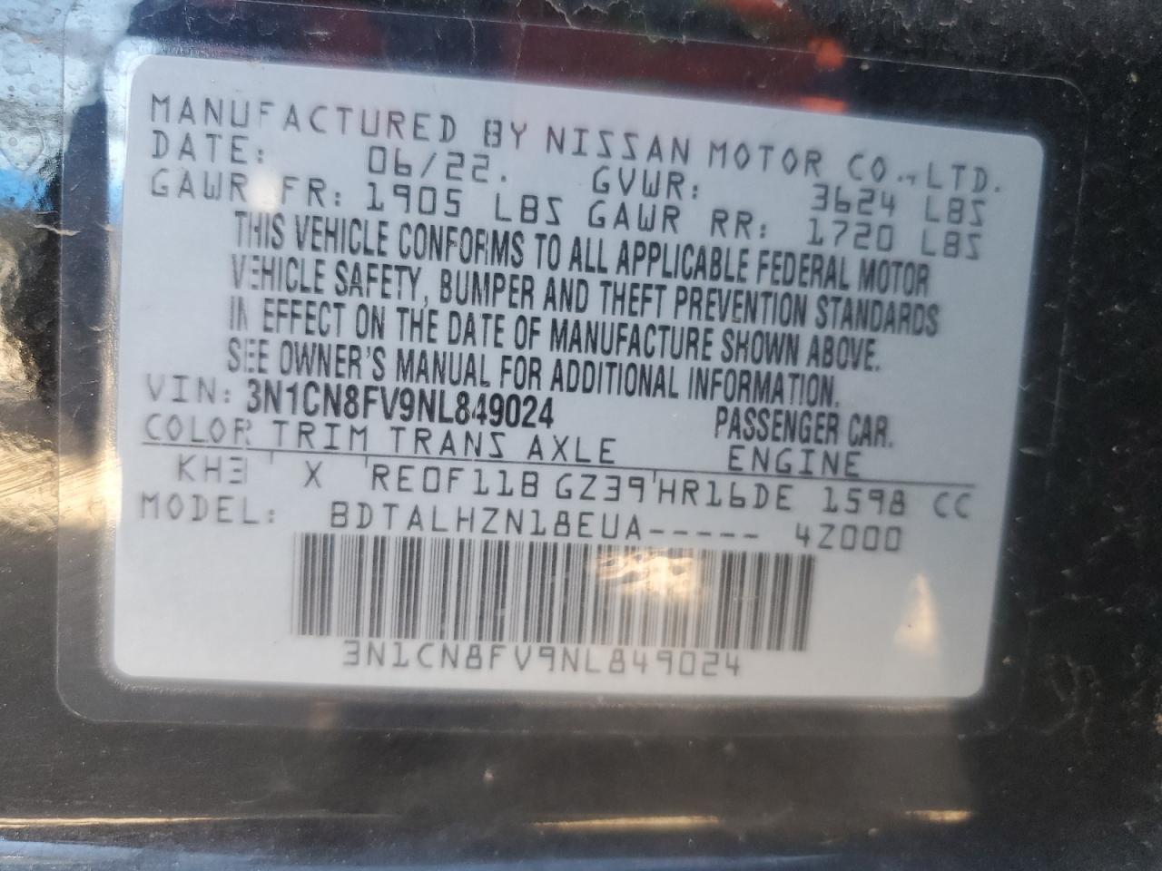 2022 NISSAN VERSA SR VIN:3N1CN8FV9NL849024