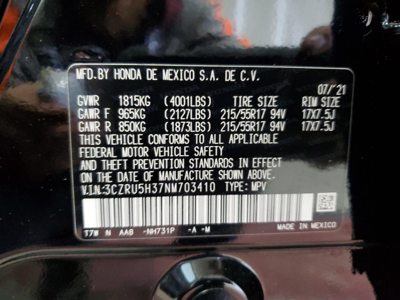 2022 HONDA HR-V LX VIN:3CZRU5H37NM703410