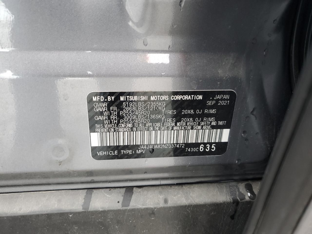 2022 MITSUBISHI OUTLANDER SE VIN:JA4J4UA82NZ037472