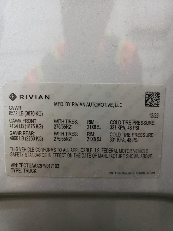 2023 RIVIAN R1T ADVENTURE VIN:7FCTGAAA3PN017193