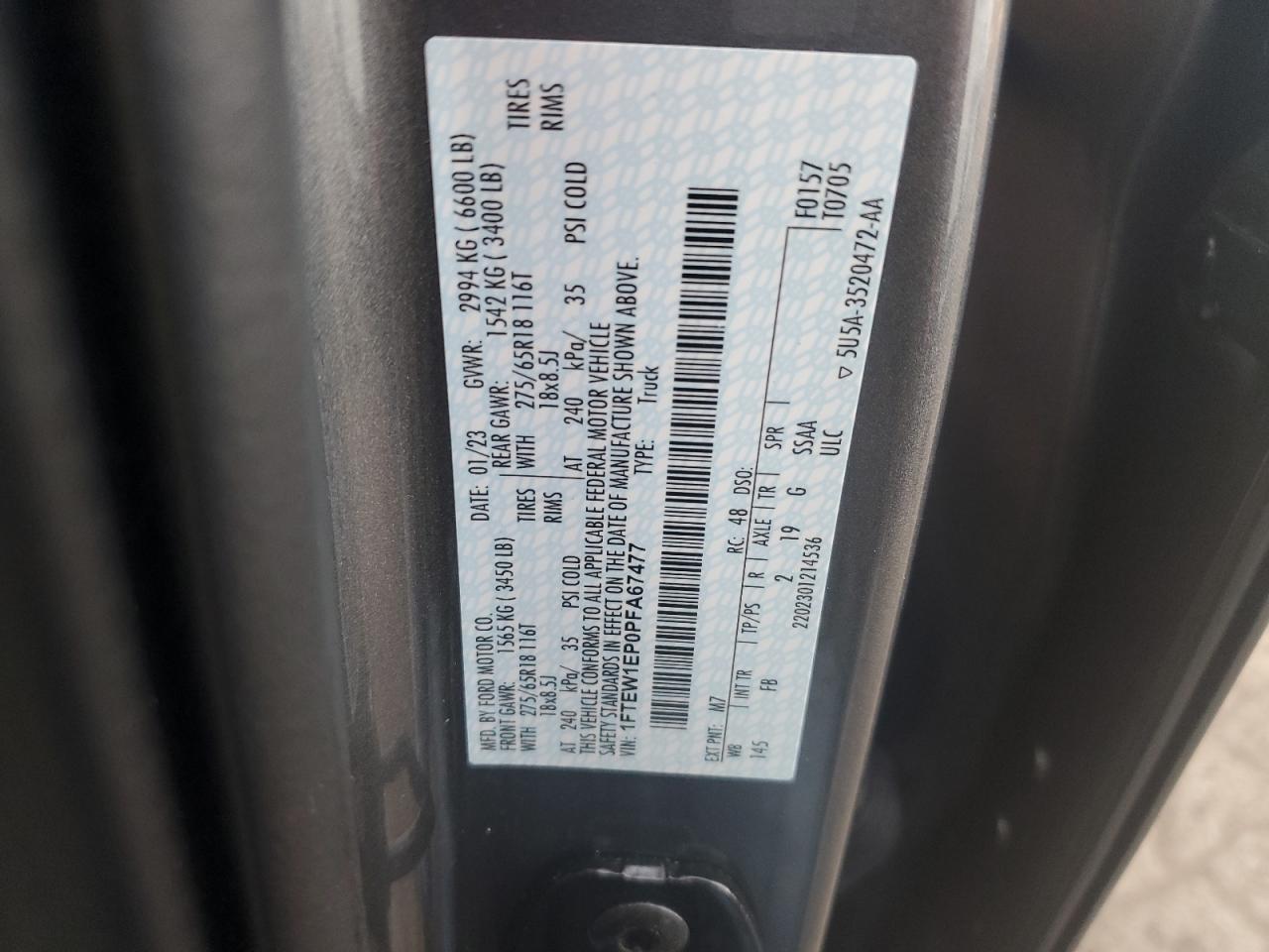 2023 FORD F150 SUPERCREW VIN:1FTEW1EP0PFA67477