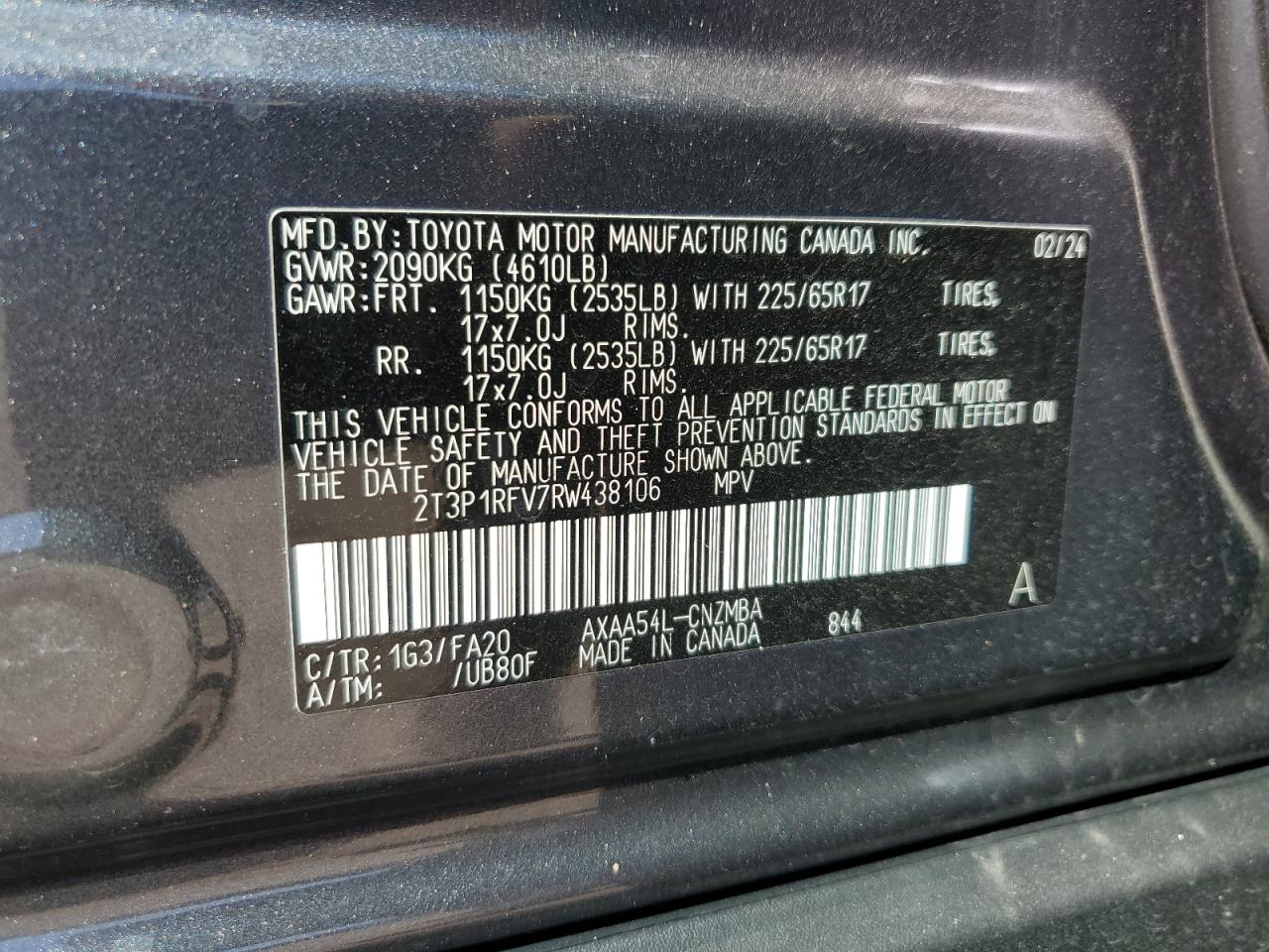 2024 TOYOTA RAV4 XLE VIN:2T3P1RFV7RW438106