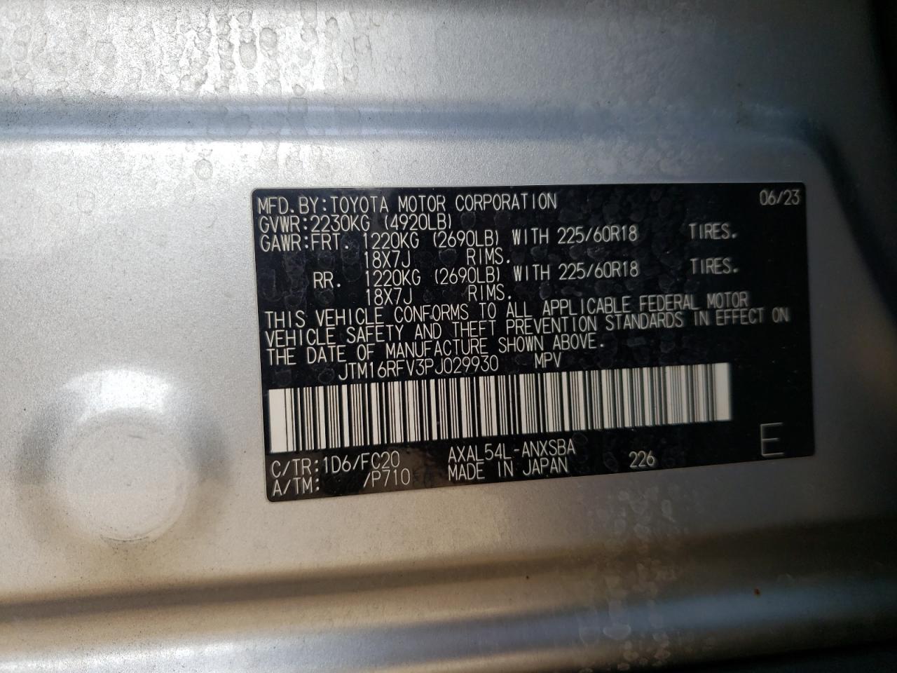 2023 TOYOTA RAV4 SE VIN:JTM16RFV3PJ029930