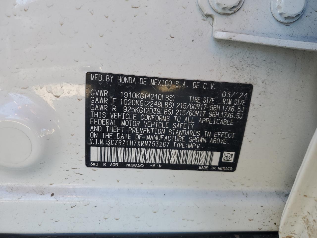 2024 HONDA HR-V EXL VIN:3CZRZ1H7XRM753267